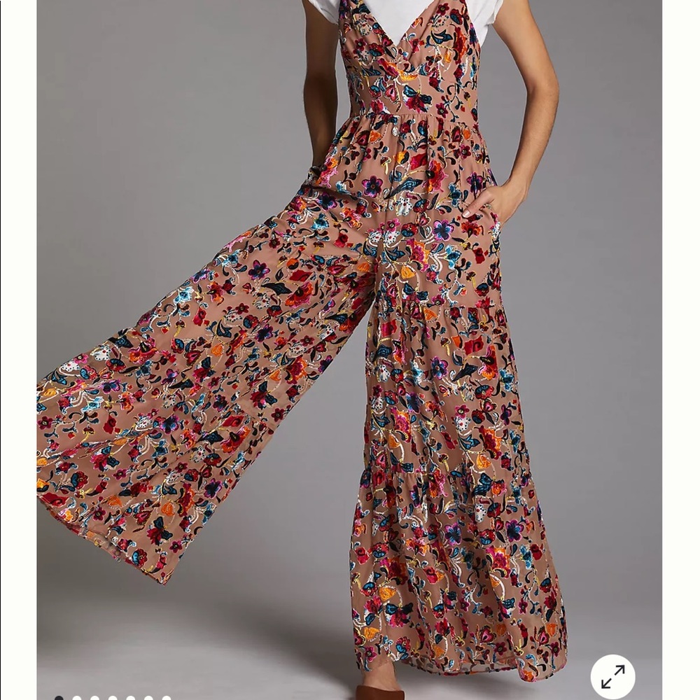 Anthropologie Flounced Floral Burnout Velvet Jumpsuit - Worn once